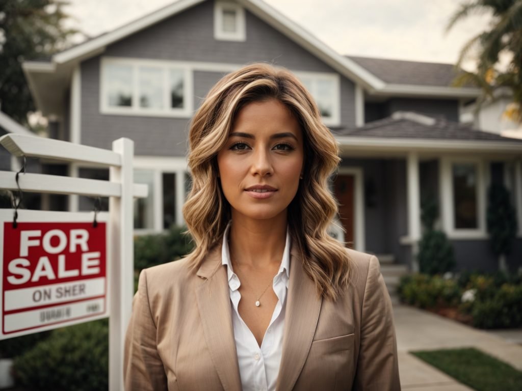 Image of a real estate agent in front of a house for sale because our vas helped her